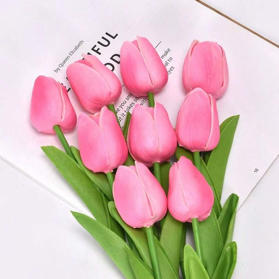 4 piezas de flores de tulipán artificiales de PU, flores falsas miniatura realistas para boda, decoración del hogar, decoración de mesa, flores de plástico al por mayor - Rosa - Ver 1