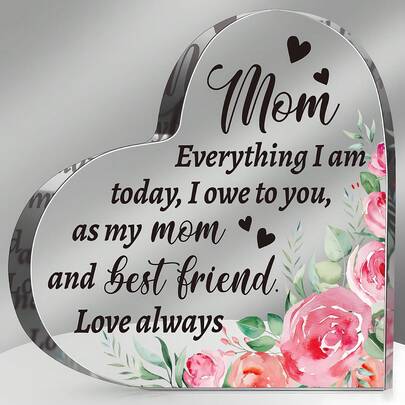 Gift For Mom From Daughter Son Christmas Acrylic Heart Shaped Block For Moms Heart Plaque Sign For Grateful Mother'S Day Birthday Thanksgiving Gift Ideas(Mom Greenery)
