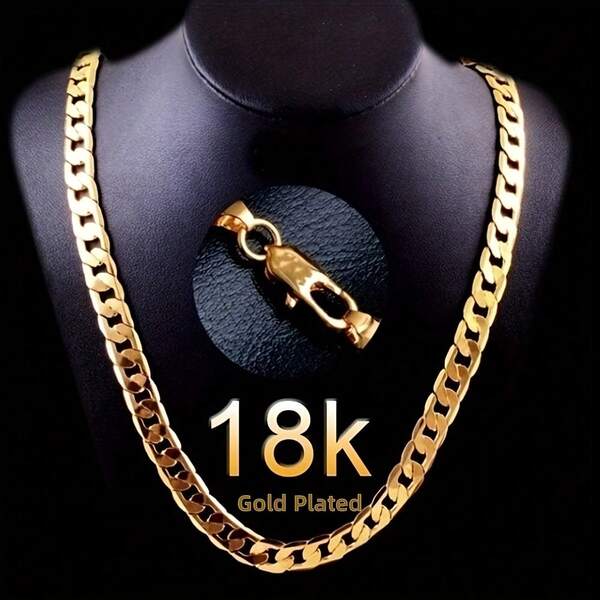 Men's 18K Gold Plated Cuban Chain Necklace - 22-Inch Heavy-Duty Interlocking Chain Design, Luxury 18K Gold Plated Jewelry Gift, Durable And Rust-Resistant, Suitable For Daily And Special Occasions, Comfortable Fit, Ideal For Sensitive Skin
