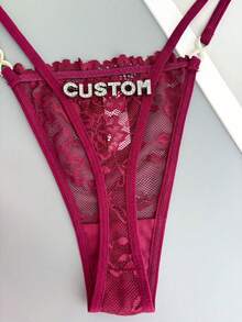 Ladies' Name/Text Personalized Rhinestone Lace Thong - Low Waist See Through G-Pants With Crystal Letters, Lingerie Gift For Wife/Girlfriend (Anniversary, Valentine's Day, Birthday) - Hand Wash Only - Burgundy - View 3