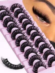 10 Pairs D-Curl Voluminous Russian False Eyelashes, 3D Faux Mink Lashes, Reusable, Fluffy Natural Look, Eyelash Extension - Black - View 10