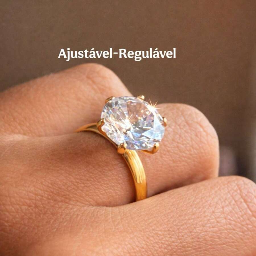 Virginia Silver Solitaire Ring, Adjustable Size, Moissanite Stone, 12mm X 10mm - Gold - View 1
