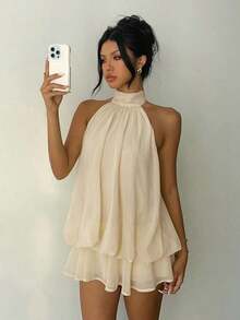 Vestido mini elegante de mujer con cuello halter y lazo en color amarillo claro - Rojo - Ver 7