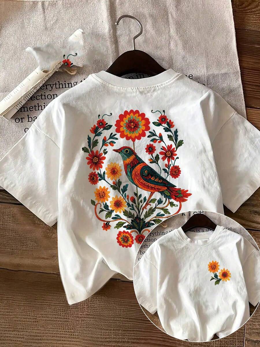 Áo thun nữ thời trang in hình chim và hoa, cổ tròn, tay ngắn, kiểu dáng thường ngày. - trắng - Xem 1
