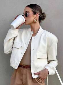 Chaqueta larga de manga larga con bolsillos y botones de unicolor retro para mujer, chaqueta bomber casual de otoño y primavera - Beis - Ver 10