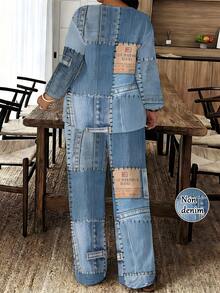 1 Set Casual Attribute Woven Fabric Smooth & Skin-Friendly Women's Home & Outing Summer Birthday Gift Light Blue Denim Patchwork Print Women's Plus Size Two-Piece Set - 彩色 - 查看 3