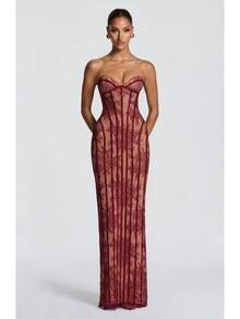 Lace Strapless Tight-Fitting Long Dress With Exquisite Vertical Lace Pattern, Bodycon Evening Party Dress For Women - Burgundy - View 5