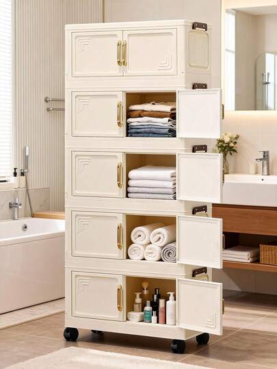 1pc 50cm/19.69in Wide Foldable Storage Cabinet, Clothes Storage Box, Portable Wardrobe, Double Door Folding Box, 1-6 Layers Available, Thickened Double Door With Wheels Storage Cabinet, No Assembly Required Home Organizer, Plastic Folding Storage Cabinet Suitable For Organizing Clothes And Toys