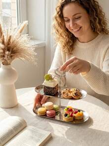1个不锈钢椭圆形双层蛋糕架，家用下午茶甜点架，水果和小吃盘 - 彩色 - 查看 6
