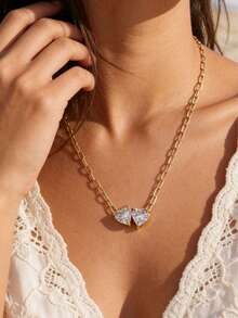 18 Karat vergoldete Doppelherz Kristall Anhänger Halskette, bohemian Stil Gold Sommer Strand Urlaub Edelstahl Büroklammer Kette Halskette für Frauen - Gold - Übersicht 1