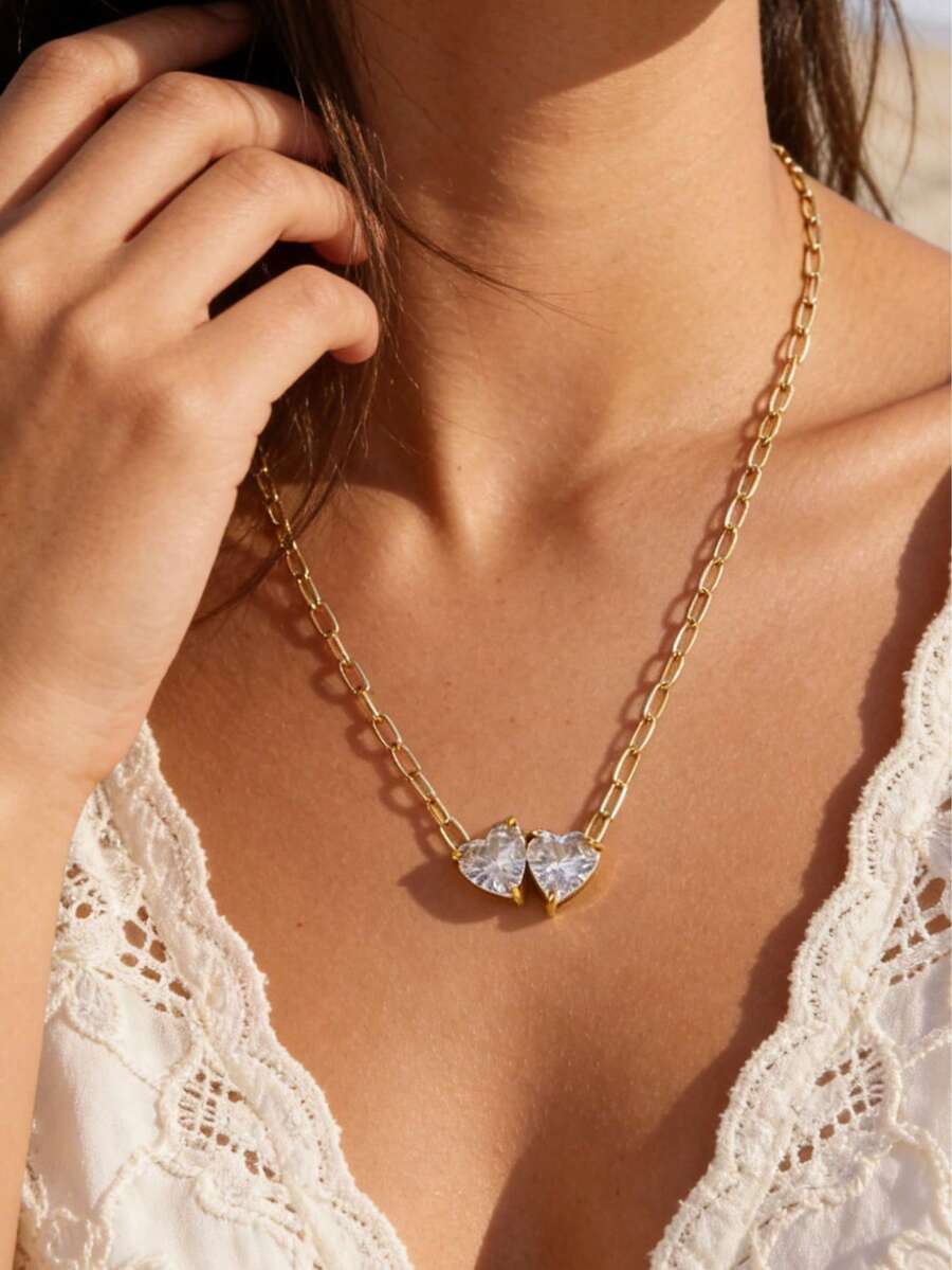 18 Karat vergoldete Doppelherz Kristall Anhänger Halskette, bohemian Stil Gold Sommer Strand Urlaub Edelstahl Büroklammer Kette Halskette für Frauen - Gold - Übersicht 1