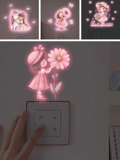BRUP 1 Tờ Hình Dán Công Tắc Đèn Hình Cô Gái Mộng Mơ Phát Sáng Trong Bóng Tối, Hình Dán Đèn Ngủ Phong Cách Cottagecore Màu Hồng Cho Phòng Ngủ Bé Gái, Phòng Khách, Phòng Trẻ Sơ Sinh, Hình Dán Công Tắc Đèn Chủ Đề Công Chúa Màu Hồng Có Thể Tháo Rời