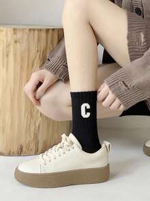 1 Pair Women's Mid-Calf Socks, Versatile Shark Print Long Socks, Casual Sports Socks, Merrald Letter Socks - Multicolor - View 3