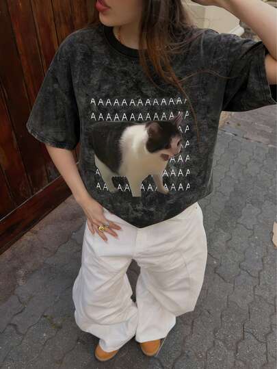 Summer New Minimalist Fashion Screaming Cat Print Casual Round Neck Tie-Dye Short Sleeve T-Shirt, Versatile Stylish Blouse For Women