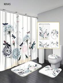 1/3/4 piezas Cortina de ducha con estampado de libélula y floral en acuarela, juego de alfombra de baño con estampado de olas estrelladas de estilo natural minimalista, impermeable y antideslizante, tapa de inodoro y alfombra en forma de U, 12 ganchos, adecuado para el hogar/dormitorio/sala de estar/artículos para el hogar - A - Ver 12