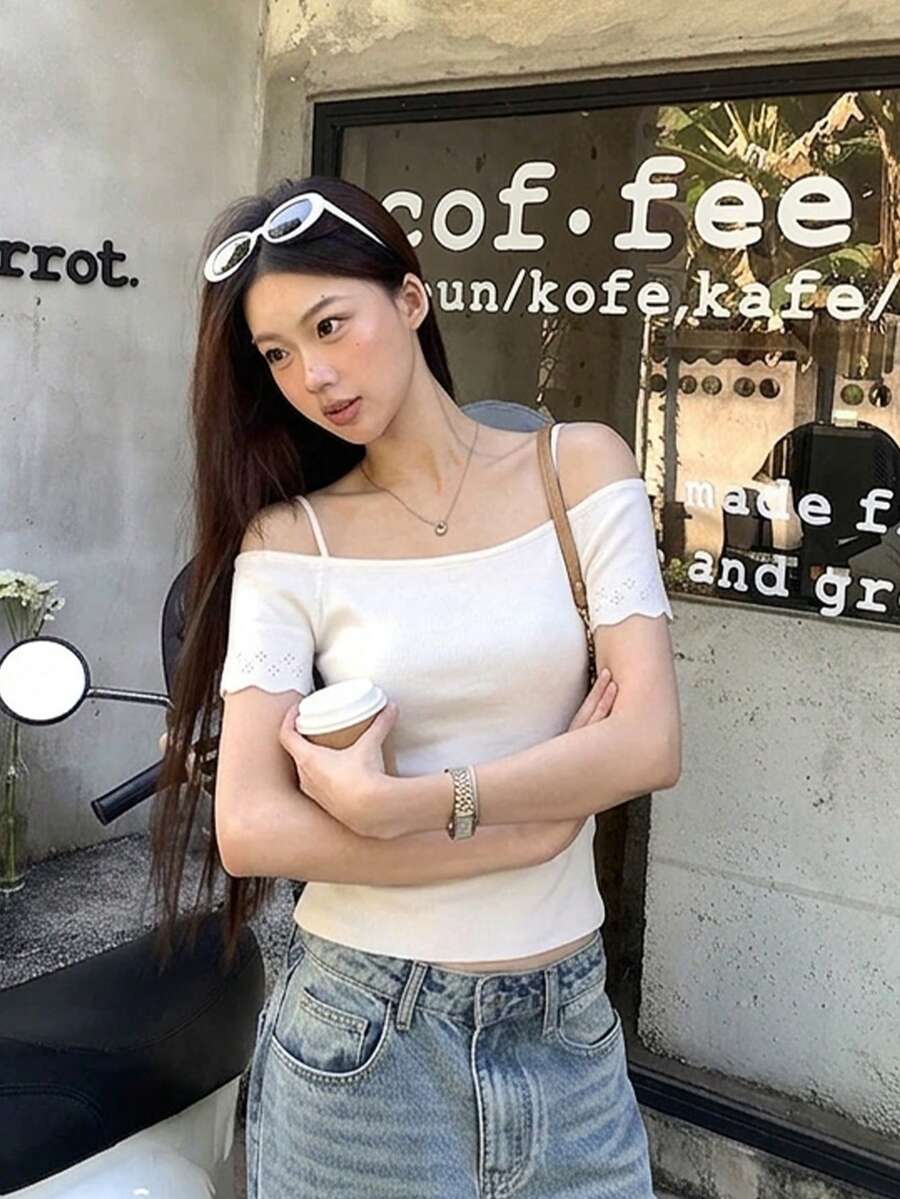 Women's Solid Color Camisole, Casual Short Sleeve Off-Shoulder Knit Top, Spring/Summer White - White - View 1