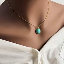 1pc Minimalist Versatile Asymmetrical 3D Malachite Turquoise Necklace, 18K Gold Plated Stainless Steel Choker, Suitable For Women's Daily And Party Wear - Yellow Gold - View 10