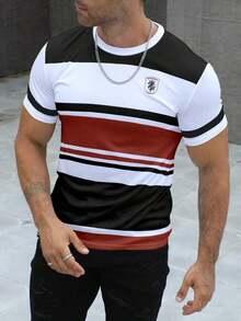 Nuevas  de moda: Camiseta casual a rayas de manga corta con cuello redondo para hombre Manfinity Dauomo, para uso diario. - Multicolor 5 - Ver 5