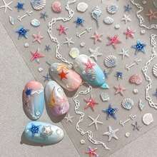 5D Embossed Shell Light Starfish Shell Nail Art Stickers, 1pc Ocean Holiday Self-Adhesive DIY Nail Stickers And Decals - Nail Supplies And Nail Charms Nail Tools For Girls And Women-Autumn Winter Christmas Summer Nails For Nail Art Home Salon - 彩色 - 查看 2
