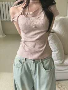 Rikumo Maglietta da donna con maniche asimmetriche a pois in stile coreano Y2K, rosa, a spalle scoperte, aderente, adatta per strada, pendolarismo, appuntamenti casual - Rosa - Visualizzare 3