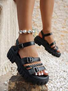 女士简约时尚度假风编织绑带罗马凉鞋，优雅厚底坡跟凉鞋，适合户外散步、海滩、大码穿着，春夏百搭 - 黑色 - 查看 8