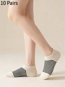 5 Pairs Unisex Striped Socks, Suitable For Men And Women, Casual Short Socks, Boat Socks, Daily Wear, Spring/Summer/Autumn - Multicolor - View 9
