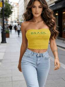 Cropped Top Blouse Brazil Knit World Cup Women's Clothing - Vàng - Xem 3