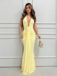 Elegant Yellow Cream Sexy Deep V-Neck Dress Women, Spring/Summer,Fall,Wedding Guest Dress Formal Dresses Wedding Guest - 酒紅色 - 查看 7