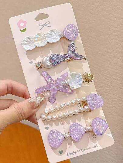 5件套淡紫色甜美海星贝壳美人鱼发夹，可爱美人鱼主题发卡，优雅美人鱼梦幻浪漫发饰，时尚日常佩戴