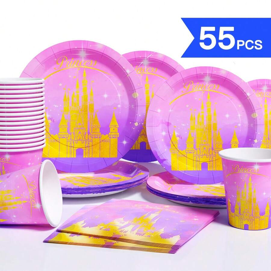 Princess Castle Disposable Plate, Napkin, Cup Set, Plates, Napkins And Cups Party Supplies, Serves 10 Guests, Disposable Paper Plates Party Tableware Suitable For Birthday, Wedding, Party, Family Picnic - View 1