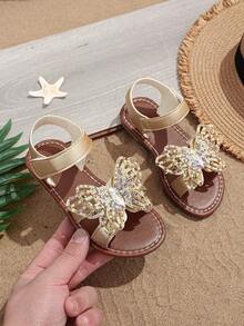 1 Pair Gold Girls' Flat Sandals, Soft & Comfortable, Colorful Bowknot Decor, Closure Round Toe, Soft Non-Slip Sole, Fashionable Bohemian Cute Princess Beach Sandals, Suitable For Daily Casual, Beach, Holiday, Party, Spring/Summer 2026 - Gold - View 2