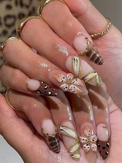 24pcs Almond-Shaped Wearable Nail Tips, Featuring Chic Cow Print, Luxurious Champagne Gemstone Leopard Print, Golden Pearl Chain Millennium Bombshell Style, 3D Carved Craftsmanship, Ombre Blush French Tip, Portable Fake Nails For Daily Wear, Parties, Includes 1pc Jelly Gel And Nail File Accessories
