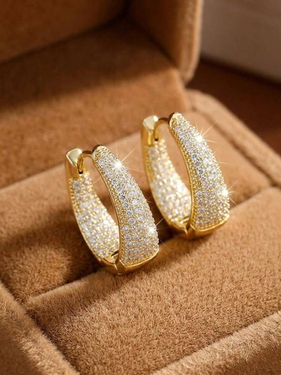 1 Đôi bông tai vòng nhỏ đính đá lấp lánh màu vàng kim dành cho nữ, quà tặng trang sức thanh lịch. - Vàng - Xem 1