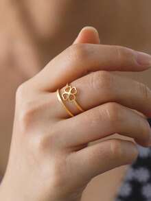 1pc Minimalist Stainless Steel Heart & Clover Adjustable Ring, Fashionable Cute Gift For Girls, Personalized Memento - Simple Series - View 8