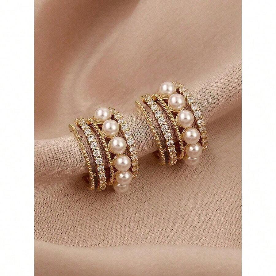 Perfect Round Imitation Seawater Cold Light Australian White Pearl Earrings C Type Multi-Layer Zirconium-Inlaid Stud Earrings French Light Luxury High-End Earrings - 多色-1 - 查看 1