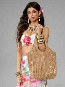 大容量度假风手提包，独特设计单肩包，配贝壳吊坠链，时尚高端女士腋下包，镂空钩编包，适合海滩度假及其他场合 - 彩色 - 查看 5