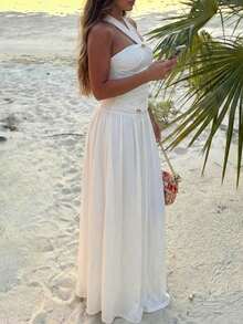 Plus Size Spring/Summer Halter Neck Ruffle Mesh Metal Buckle A-Line Solid Color Elegant Party Beach Vacation Dress For Women White - White - View 3