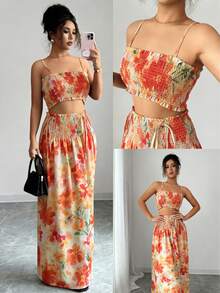 Conjunto Casual com Estampa Floral Laranja Vibrante, Decoração de Laço Frontal Sólido Fofo, Praia, Férias, Verão Elegante - Laranja - Visão 6