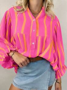Plus Size Women's Striped Loose Blouse, Elegant Shirt Top With Puff Sleeves And Ruffle Hem, Suitable For Commuting, Daily Wear, Valentine's Day, Spring/Summer - Rose Red Yellow - View 5