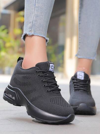 1 par de zapatos casuales con elevación para mujer, con estampado en V y cordones, cómodos para ir al trabajo, caminar en el parque, uso en exteriores, todo el año, con 9CM de aumento de altura, de moda y versátiles