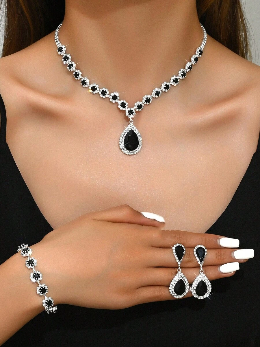 Bộ trang sức dự tiệc sang trọng dành cho nữ - Dây chuyền, bông tai, vòng tay. - màu đen - Xem 1
