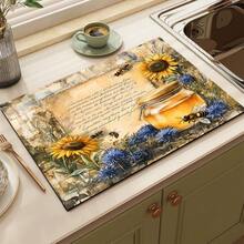1 pieza Estera absorbente con estampado de girasol y abeja para cafetera, platos - Estera protectora absorbente de poliéster para escritorio con almohadilla antideslizante de goma, para decoración de la encimera de la cocina, bar en casa y mesa de comedor - Multicolor - Ver 7