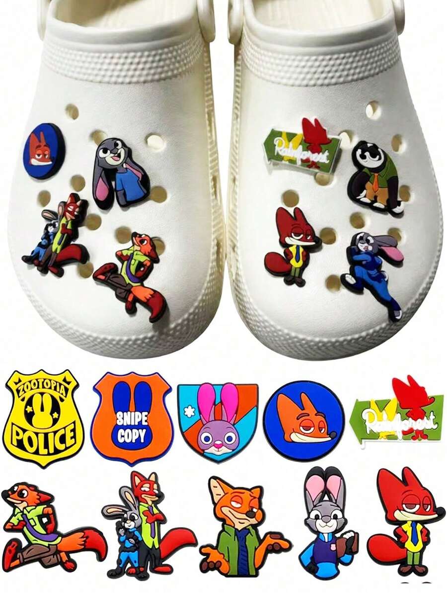 Paw Patrol 尼克和朱迪鞋饰，PVC材质，卡通人物，朱迪·霍普斯，尼克·王尔德，DIY装饰鞋，春夏单品，伴娘礼物，房间/卧室装饰，海滩，旅行，旅行必备，婚礼必备，Y2K，卧室，汽车配件，厨房装饰 - 彩色 - 查看 1