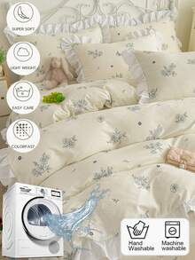 Juego de ropa de cama con volantes y estampado floral de color crema (1 funda nórdica + 2 fundas de almohada, sin incluir el edredón y los rellenos de almohada), cómodo, suave y transpirable, versátil y lavable a máquina para todas las estaciones - Blanco - Ver 4