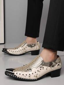QRLQRL 1 Pair Men's Snake Skin Pattern Rivet Decor Pointed Toe Low-Top Casual Shoes, PU Upper And Rubber Sole, Suitable For Daily Leisure Wear - Gold - View 5