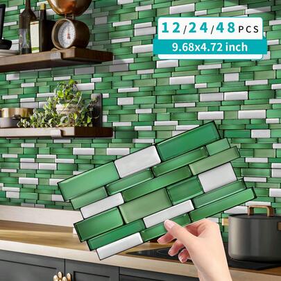 Autocollant mural en PVC 3D autoadhésif style mosaïque européenne vintage vert faux marbre - imperméable, amovible sans résidu, convient pour la décoration murale de cuisine, salle de bain, buanderie, camping-car. Autocollant décoratif facile à décoller et à coller.
