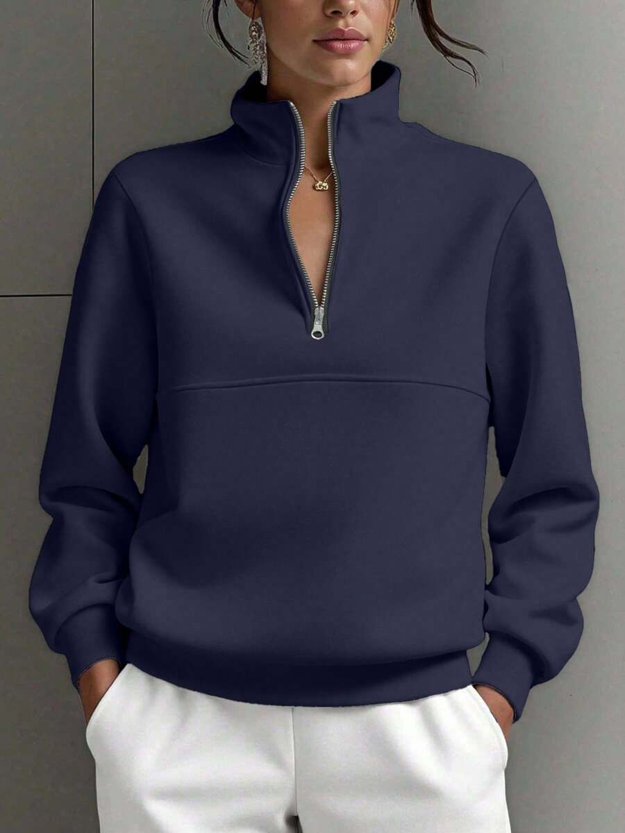 Women's Light Blue 1/4 Zip Pullover Sweatshirt, Long Sleeve Polyester Regular Length Top, Suitable For Autumn/Winter Fashion Wear