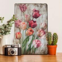 2D Flat, 1pc Vintage Tulips Metal Wall Art Sign - 8x12 Inch (20x30cm) Shabby Chic Rustic Dutch-Inspired Tulip Field Decor, Pink & White Tulip for /Outdoor Room, Cafe, Decoration - Easy Mounting Holes, 2D Flat - 1PC - Übersicht 4