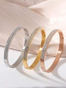 1 chiếc vòng tay bằng thép titan mạ vàng thời trang, ba hàng đá Cubic Zirconia, thích hợp cho nữ giới đeo hàng ngày. - vòng đeo tay - Xem 2