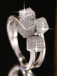 1 chiếc nhẫn cưới nữ sang trọng hình vuông bốn cạnh đính đá Cubic Zirconia, nhẫn đồng hình khối lập phương nhỏ độc đáo, thích hợp đeo hàng ngày, dự tiệc, dạ hội, tiệc tùng, quà tặng trang sức. - trắng - Xem 5